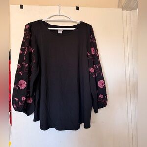 Chico’s Black Top with Pink Floral Embroidered Mesh Sleeves